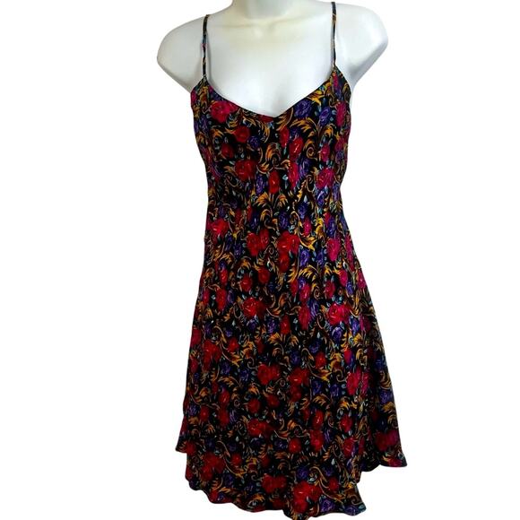 100% Silk Vintage Red & Purple Roses, Mini Length Slip Sundress, Size Medium NEW - Picture 1 of 8